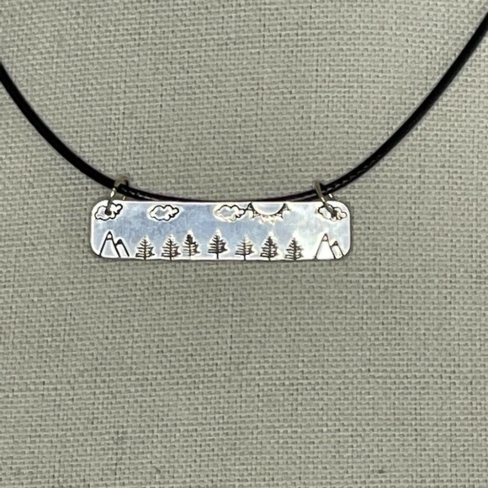 Handmade stamped nature silver rectangular pendant black leather cord necklace‎ - Picture 6 of 6